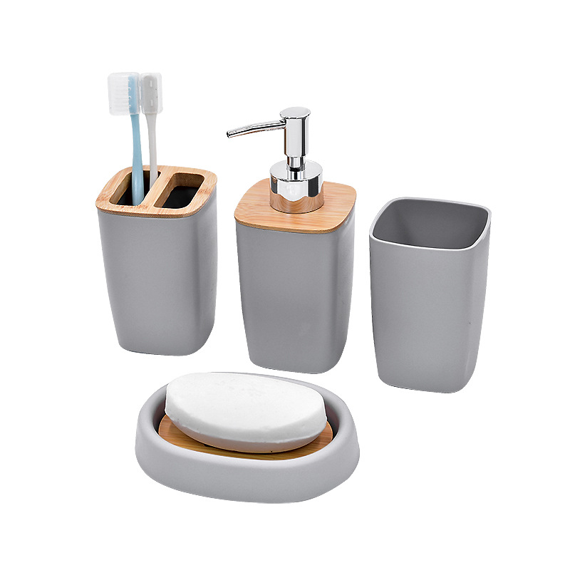 Baño de lujo ligero conjunto de artículos de baño de ocho piezas de baño taza de baño de bambú y madera conjunto de adornos de cepillo de inodoro
