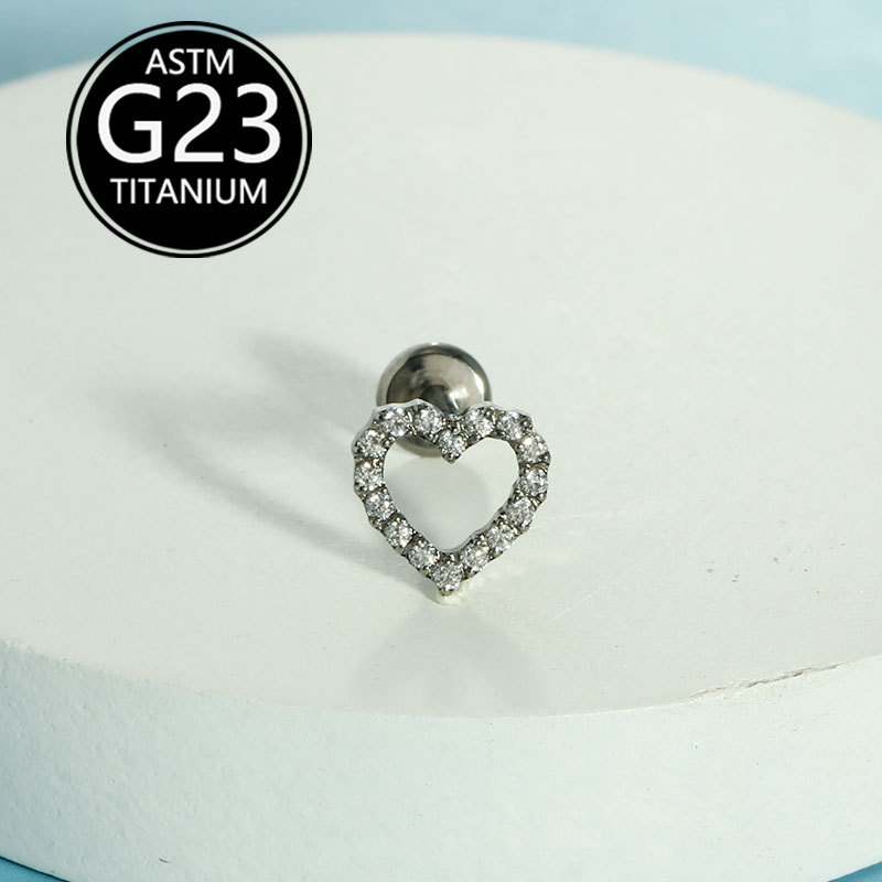 1.2mm Thick F136 Titanium Lip Stud with Fashionable Zircon Heart-Shaped Ear Bone Stud, G23 Titanium Body Piercing Jewelry detail image 9