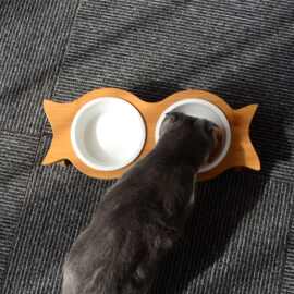 木质猫碗双碗保护颈椎猫食盆狗碗防打翻猫咪喝水碗宠物碗斜口猫