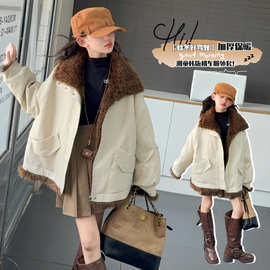女童皮毛一体皮衣2025新款加绒外套秋冬季儿童洋气机车羊羔绒冬装