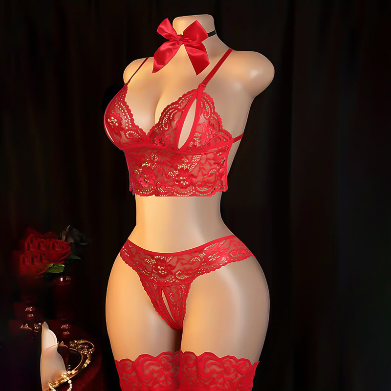 European and American Style Red Bowknot Choker, Sexy Lace Sheer Stockings, Pure Desire Women's Bra Set European and American Style Red Bowknot Choker, Sexy Lace Sheer Stockings, Pure Desire Women's Bra Set
