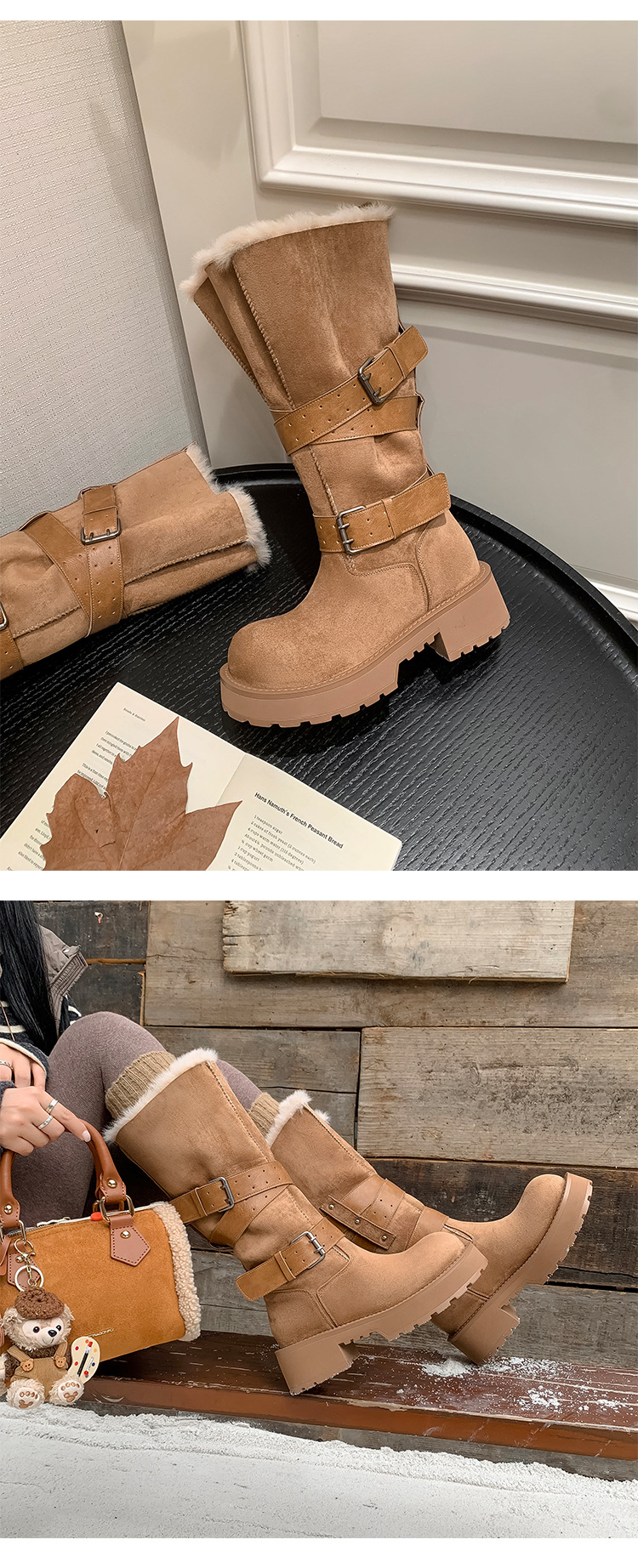 Boot tuyết nữ cổ cao lót lông cừu ấm áp đế dày khóa thắt lưng — màu kê chi tiết 15