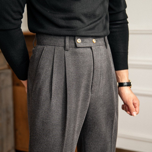 Autumn and winter high-waisted woolen casual pants for men's warm straight and draping gentleman's pure color all-match suit pants