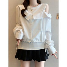 设计感露肩假两件长袖衬衫秋季2025新款大码女装胖mm遮肚小衫上衣