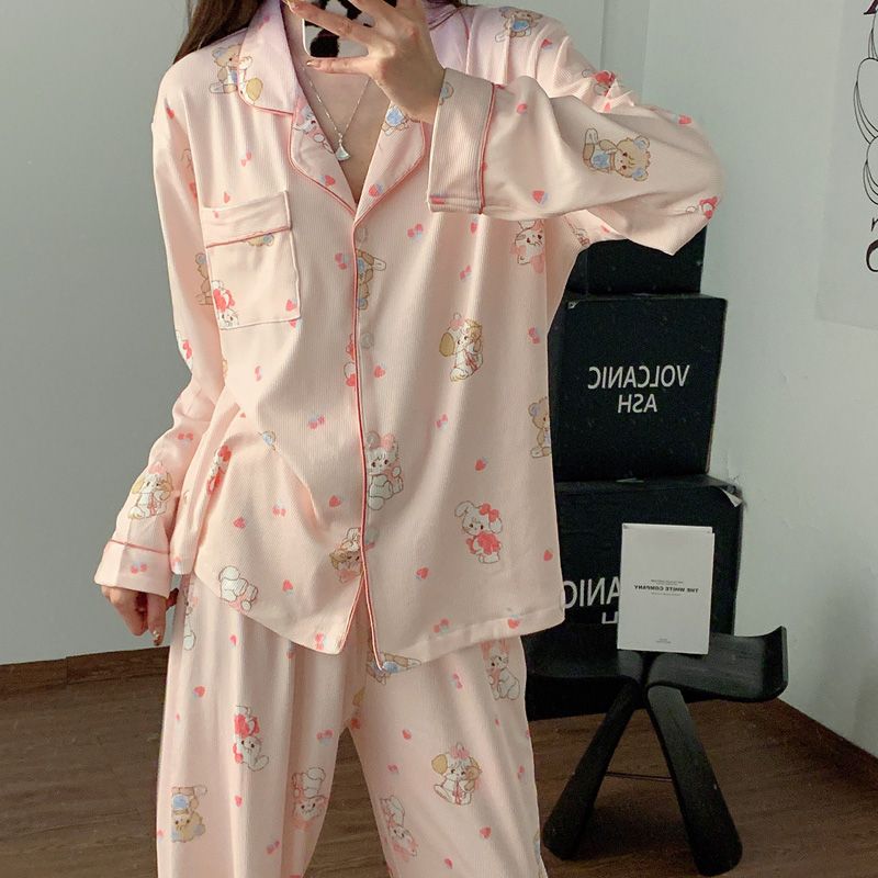 Al por mayor transfronterizo otoño nuevo hilo de hielo pijama camiseta de manga larga con la solapa cardigan ropa de dibujos animados para el hogar encantadora cereza