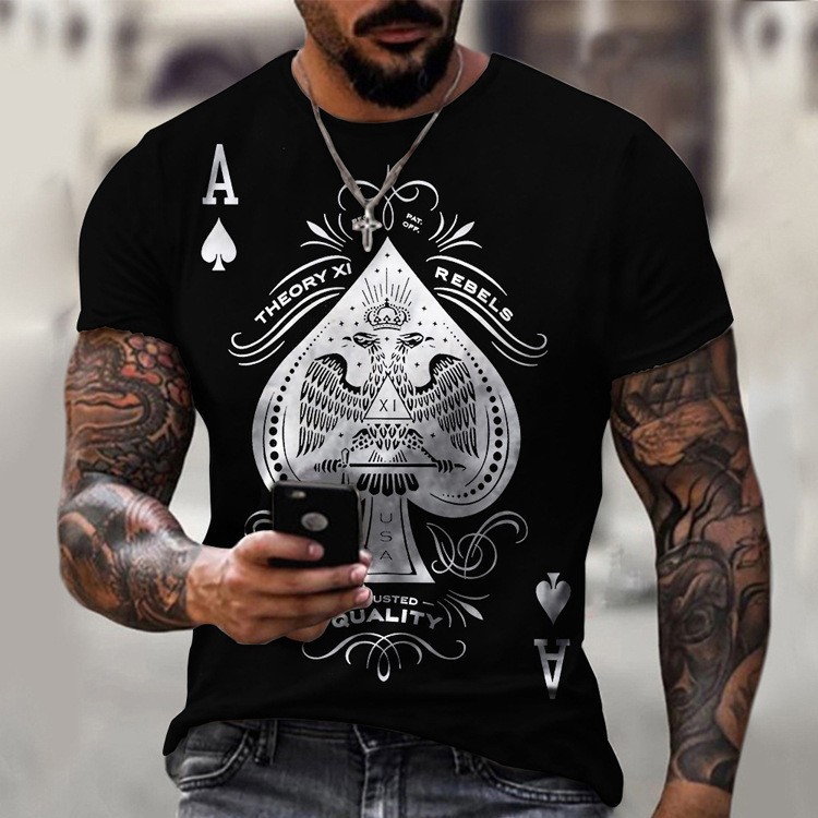 High Street Personality Poker Gambling God A Digital 3D Print Camiseta de manga corta suelta con ancho de hombro recto casual para hombres