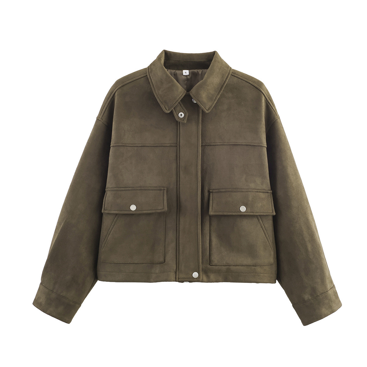 Zaro Homemade European and American Style Women's Fashion Trendy Olive Leather Textured Lapel Zipper Long-Sleeved Jacket