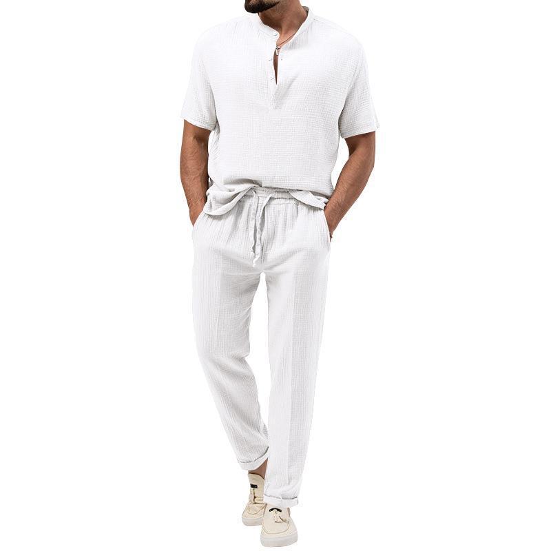 Men's Casual 3-Piece Outfit, Short Sleeve T-Shirt & Shirt With Trousers, Solid Color Summer Lounge Set_viptrois.com