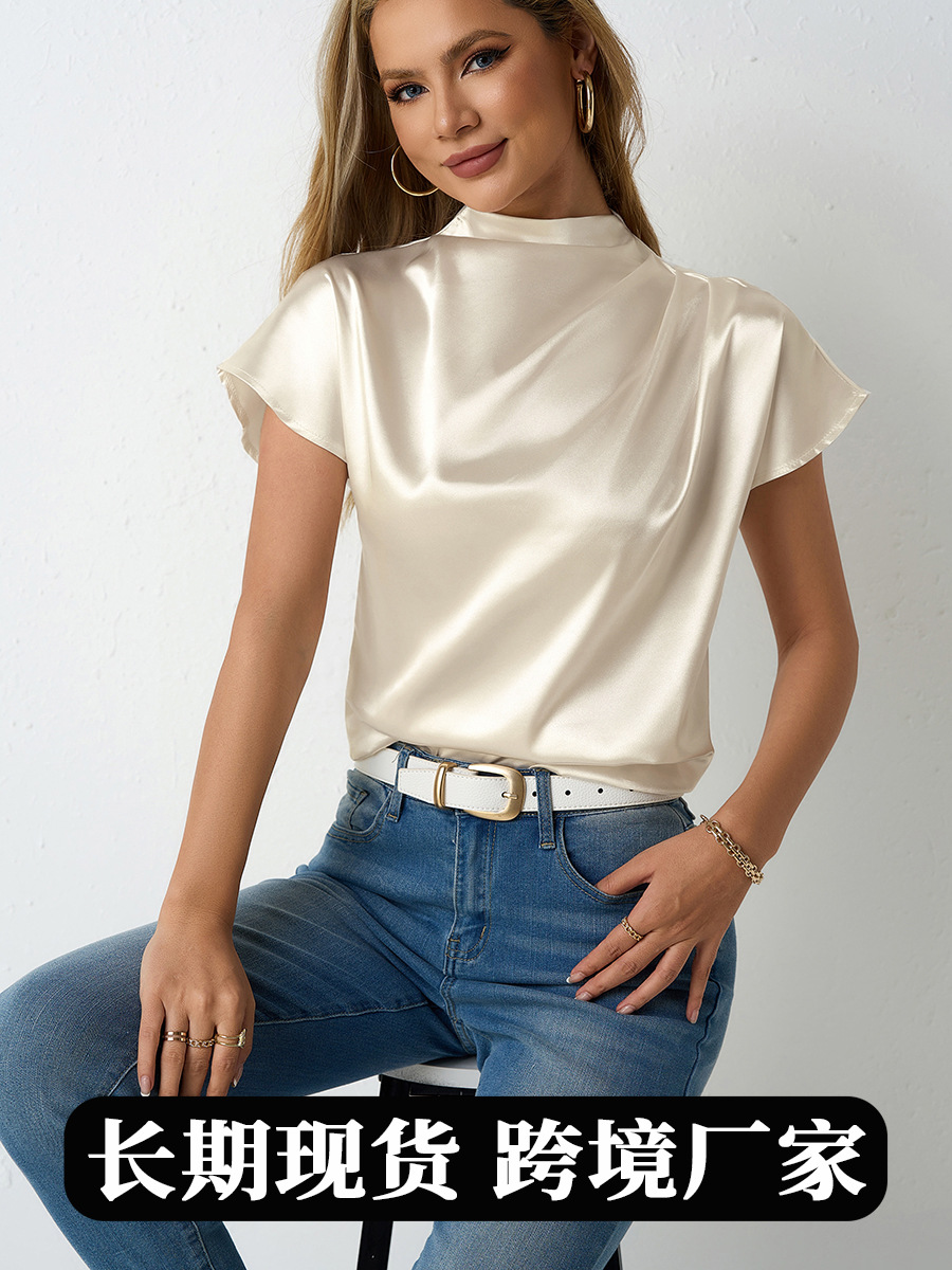 Real shot venta caliente transfronteriza nueva camiseta de satén de manga corta con cuello redondo satinado primavera y verano top plisado del hombro izquierdo de las mujeres al por mayor image 1