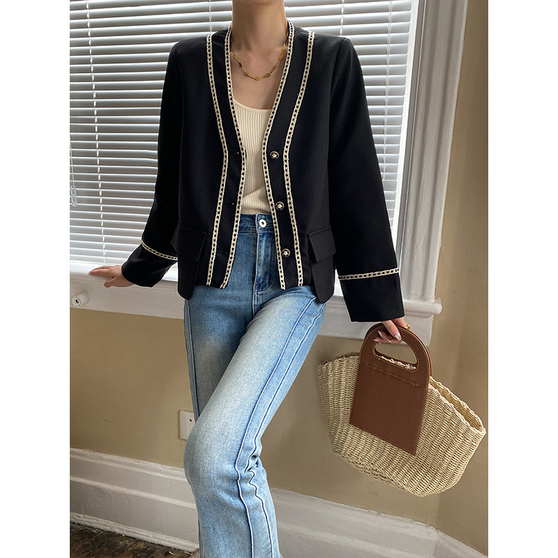 Sinan ハイエンドテクスチャードスタックコントラストカラーウェビングジャケットスモールフレグランススタイルショートスタイル 2024 秋冬スタイル SN2936|undefined