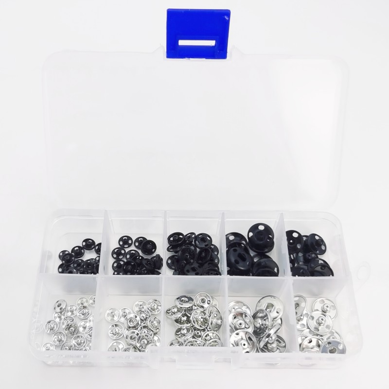 80 sets 4 tamaños costura complemento metal oculto hebilla puntada botón coser negro y plata Madre y niño hebilla traje