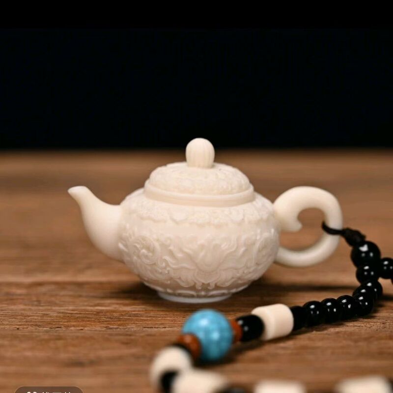 Ivory Fruit Carving Ruyi Teapot with Auspicious Dragon Handle, Tea Room Ornament, Collectible Craft, Hand-Held Piece, Pendant, Wholesale