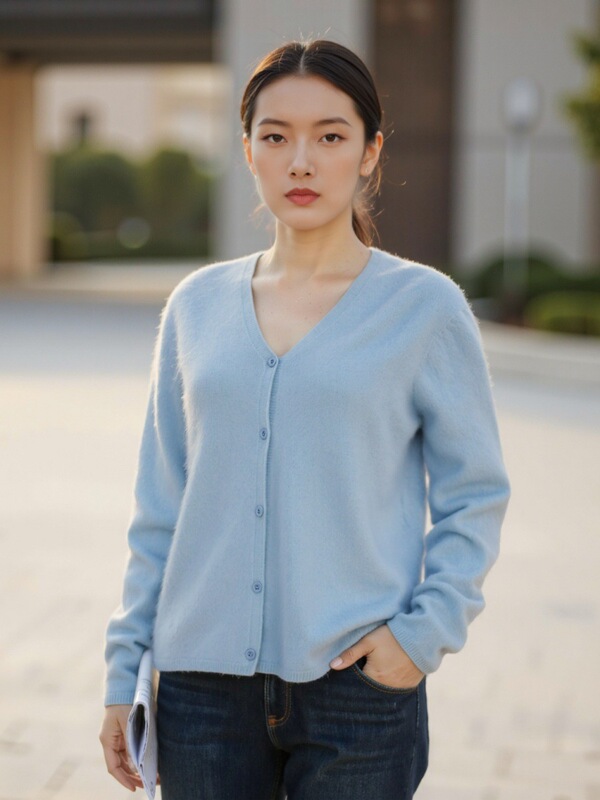AI 无缝一体羊毛羊绒混纺拉毛V领针织开衫女早秋宽松长袖外搭毛衣|undefined
