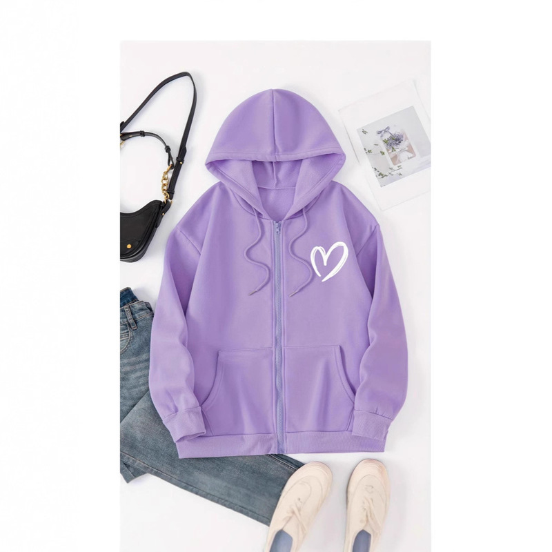 2025 Cross-Border Ready Stock Minimalist Heart Icon Print Women's Fashion Zipper Hoodie Sweatshirt 2025 Cross-Border Ready Stock Minimalist Heart Icon Print Women's Fashion Zipper Hoodie Sweatshirt