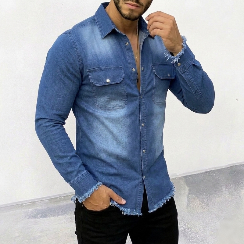 European and American Style Men's Denim Shirt, Amazon Turn-Down Collar Long-Sleeve Cardigan Top, Cross-Border Muscle-Style Frayed Edge Snap Button Men's Shirt European and American Style Men's Denim Shirt, Amazon Turn-Down Collar Long-Sleeve Cardigan Top, Cross-Border Muscle-Style Frayed Edge Snap Button Men's Shirt