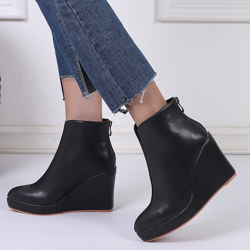 Amazon autumn and winter wedge platform high heel pointed fashion short boots black back zipper AliExpress cross-border foreign trade