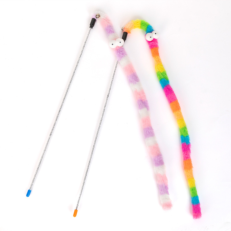 Divertido gato palo en stock al por mayor de cuero Taobao franela Arco Iris serpiente color largo terciopelo tira divertido gato palo gato juguete para mascotas
