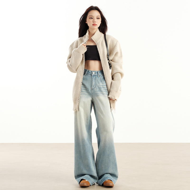 美式高街摺痕水洗牛仔褲女2025春秋新款高腰垂感寬鬆闊腿拖地長褲