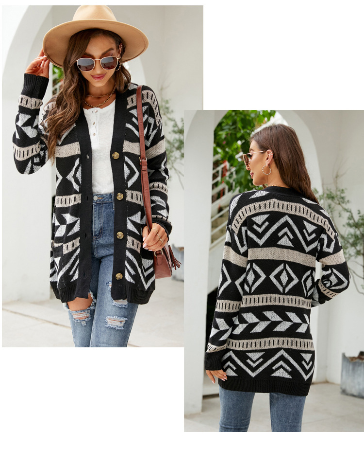 Damen Strickjacke Mit Diamantmuster Weiter Jacquard Cardigan_voghion.com