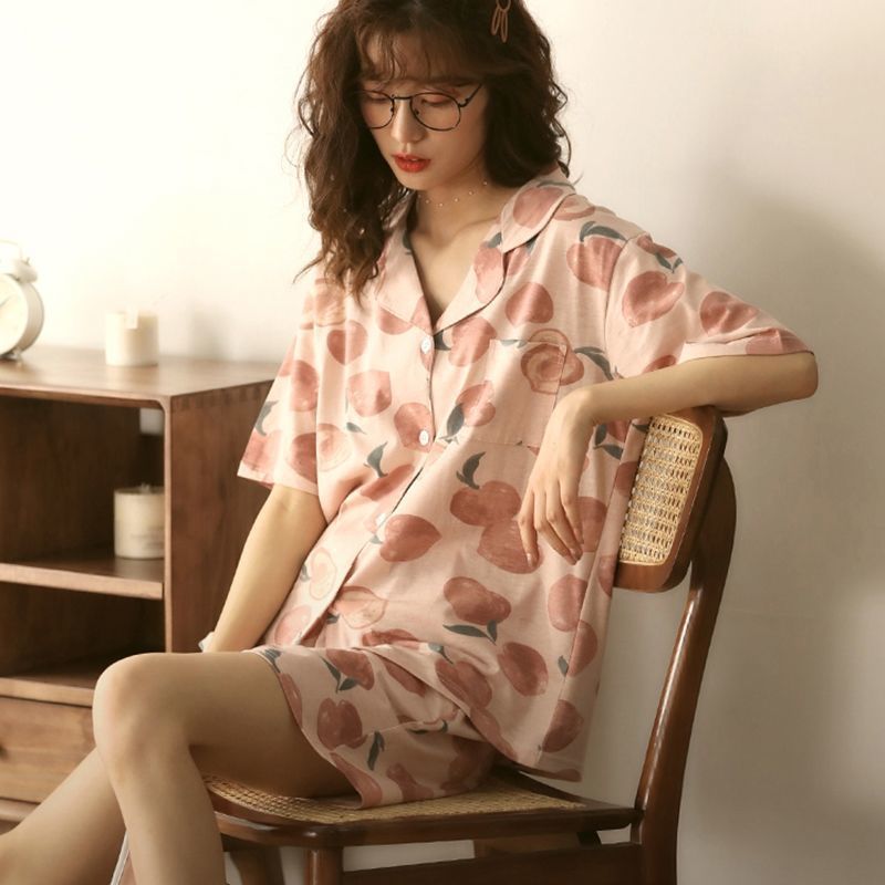 Pantalones cortos de manga corta de verano, pijamas de rebeca, damas, estilo de princesa de estudiante coreano, traje de casa de dibujos animados dulce y lindo