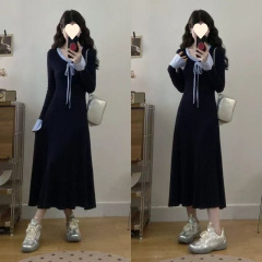 大码法式蝴蝶结系带连衣裙女秋冬胖mm设计感拼接木耳边长裙子