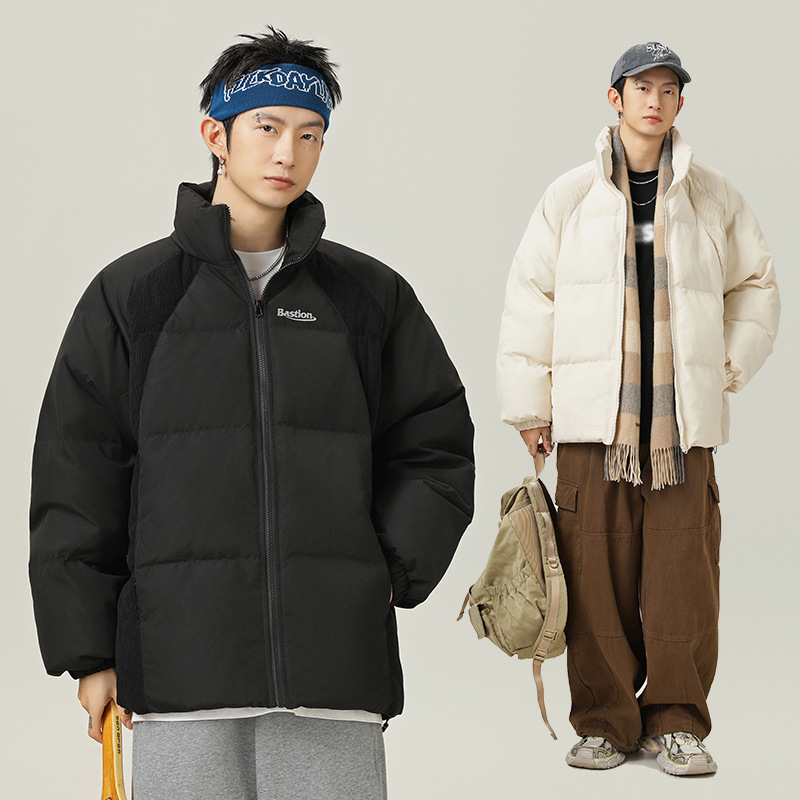 美式灯芯条拼接冬季加厚立领棉服男装插肩袖设计保暖面包服外套q