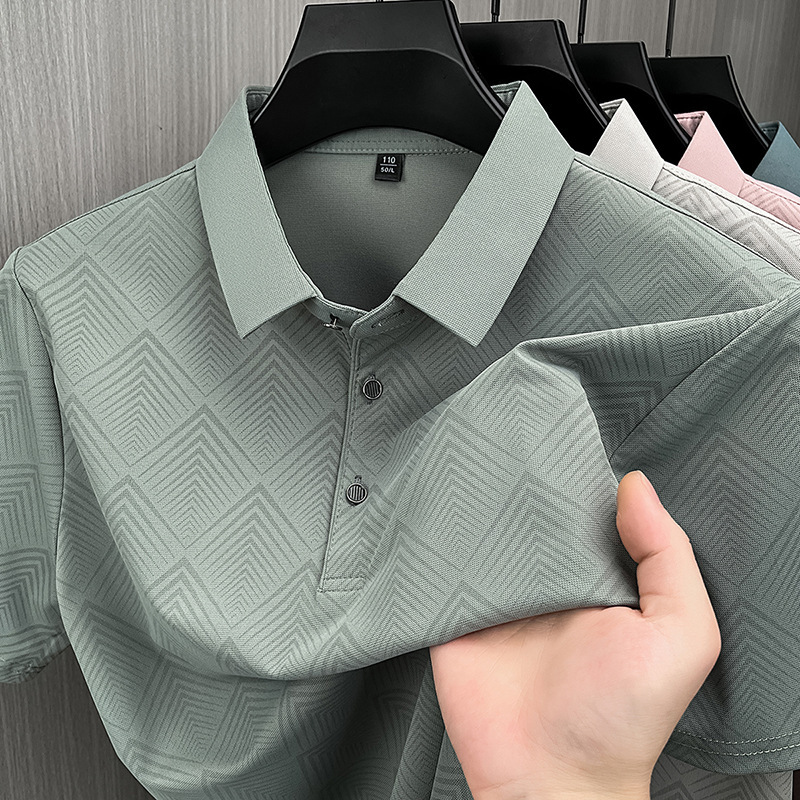 Dad's Summer Seamless Full-Print Short-Sleeve T-Shirt, Middle-Aged Men's Turn-Down Collar Ice Silk Polo Shirt, Wrinkle-Resistant and Non-Iron