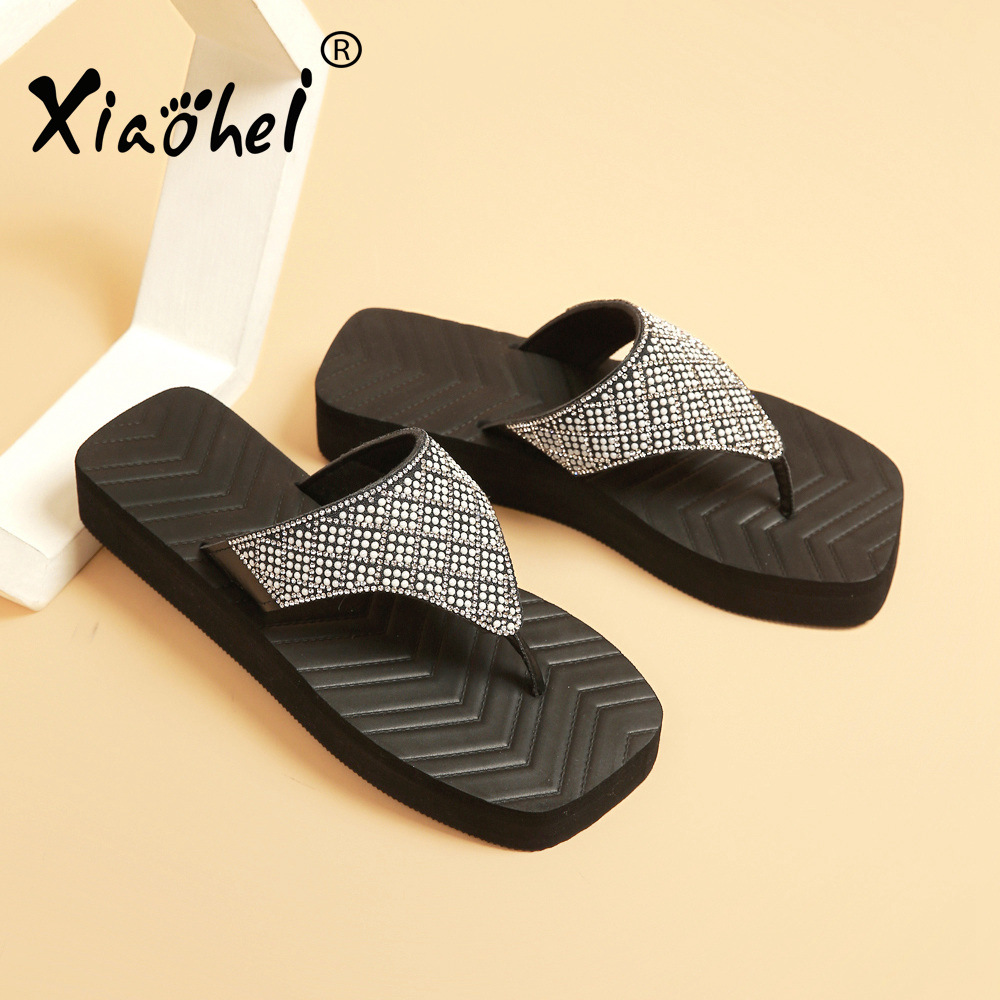 Slippers Women 2022 summer new pattern Versatile Exorcism Seaside The thickness of the bottom Square Rhinestone EVA Flip flops wholesale