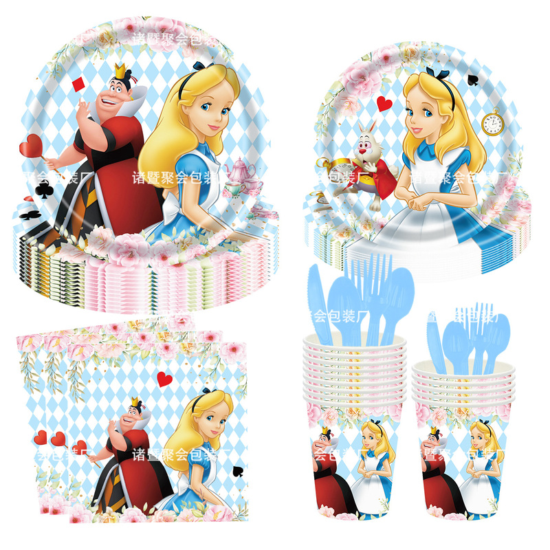 New Alice in Wonderland Princess Theme Party Tableware Paper Tray Paper Cup Tissue Disposable Decorative Set
