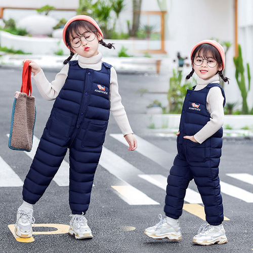 Children's down cotton pants overalls boys' and girls' winter wear cotton long pants with crotch opening thickened baby jumpsuit for outdoor wear