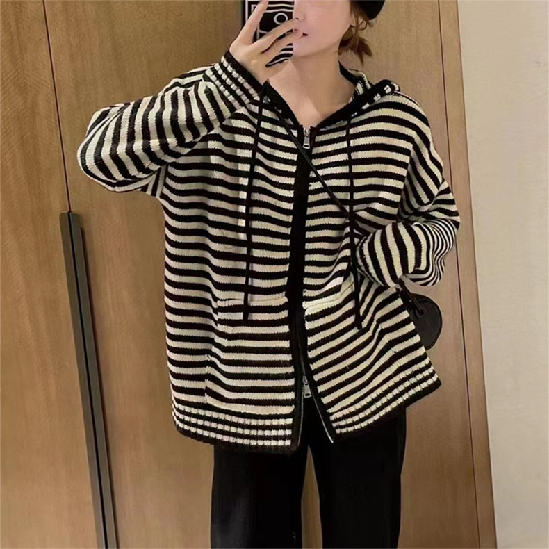 Striped cardigan sweater for women, 2022 autumn new style, loose zipper, outerwear, laid-back style knitted top jacket for women pic 18