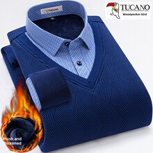 啄木鸟棉质保暖衬衫男士冬季假两件套天鹅绒加厚高档中年宽松衬衫