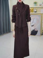 靓锦气质长袖两件套围巾连衣裙女秋冬新款加绒加厚半身裙套装