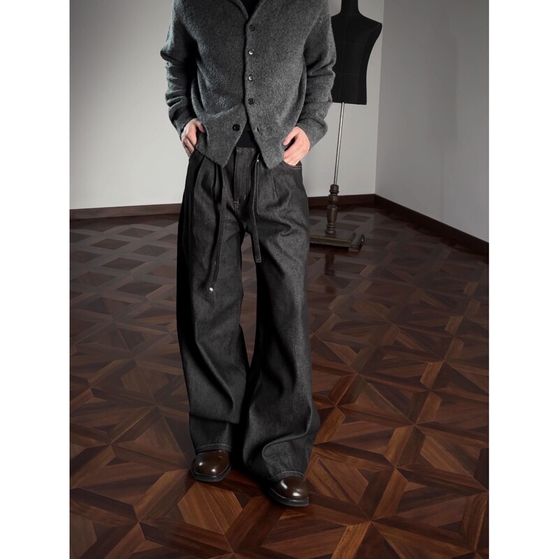 Oclin Kendo Double-Pleated Raw Denim 13-Ounce A-Line Loose-Fit Color-Fast Jeans Elegant and Distinctive for Men's Commuting