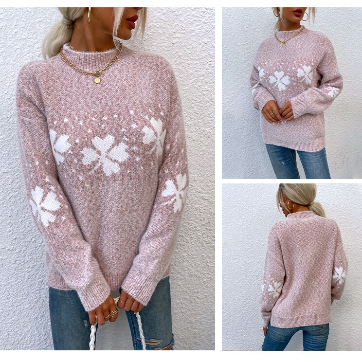 2025 Autumn and Winter New Christmas Knitwear Women's European and American Casual Export Women's Half Turtleneck Snowflake Knitwear