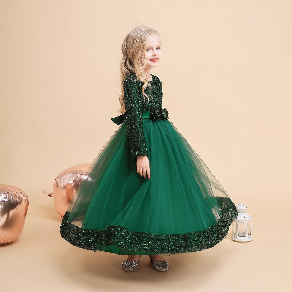 Vestido de niños transfronterizos Navidad manga larga lentejuelas mono princesa vestido niña anfitrión rendimiento vestido de noche