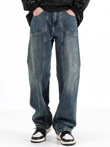 2024 Spring and Summer New Men's Relaxed Straight Leg Denim Jeans, American Style Trendy Wide Leg Floor-Length Casual Pants