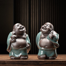 中式陶瓷哥窑茶宠花宠摆件茶玩茶盘茶道花盆园艺装饰品笑佛小弥勒