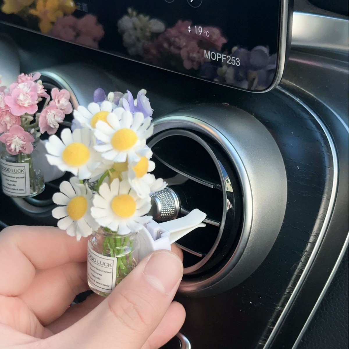 Decoración creativa de salida de aire del automóvil con flores de estrellas pequeñas frescas aire acondicionado botella de perfume de perfumes