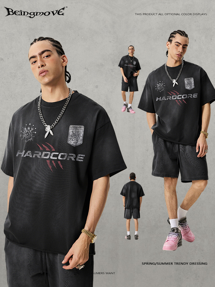 Calle secada| Retro americano nostálgico pesado lavado con agua viejo camiseta de hombre de bordes sueltos pulverización de caballo impresión de mangas cortas para hombres
