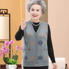 高齢者の秋のニットの馬甲のおばあさんはおばあさんの服のvネックのコートの7080歳のお母さんのベストの肩を詰めます。