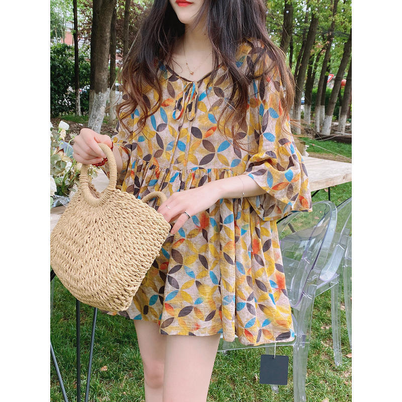Doll Shirt Top Korean Style Summer Loose Mid-length A- line Lace-up Puffy Sweet Floral Shirt Women's Thin Women's Shirt