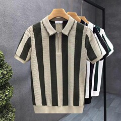 新款复古镂空撞色条纹针织POLO衫男 韩版修身半拉链翻领男T恤上衣