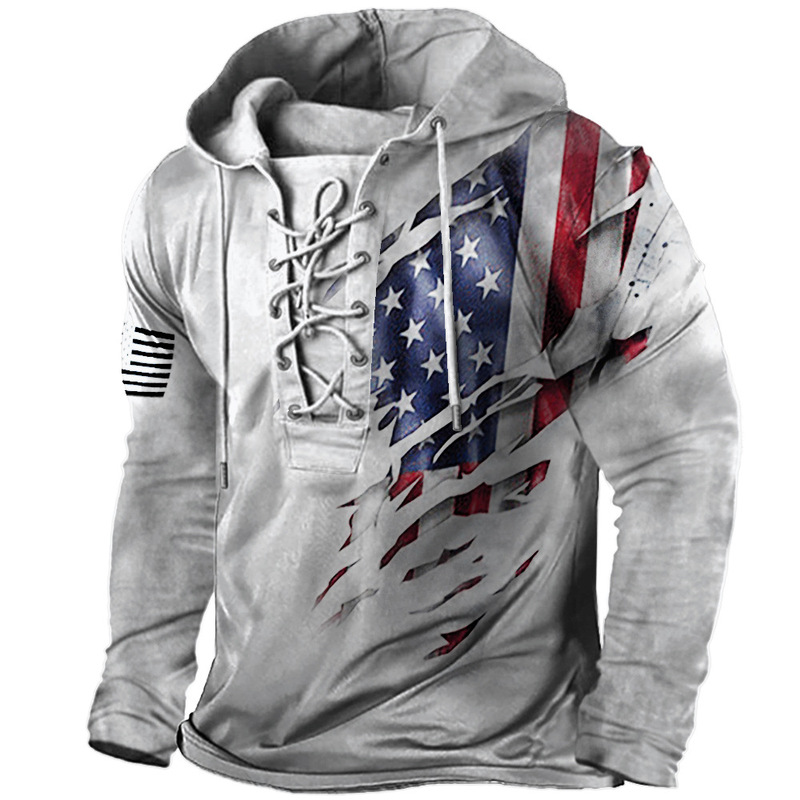 Foreign Trade Plus Size Men's Spring and Autum Retro American Flag Printed Lace-Up Hooded Long-Sleeved T-Shirt in Stock