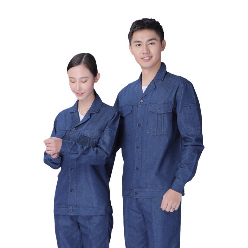 Traje de manga larga y corta con botones y cuello, ropa de trabajo de mezclilla, logotipo impreso personalizado, ropa de protección laboral de fábrica, ropa de trabajo de soldadura para reparación de automóviles