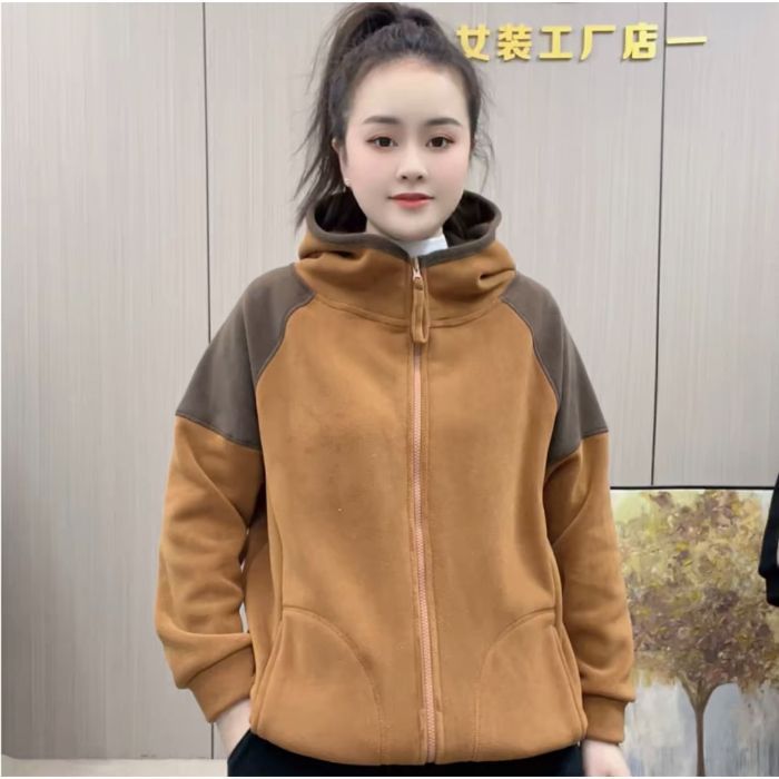 今年秋冬双面奥粒绒长袖拉链连帽卫衣显瘦保暖防风加绒撞色连外套|undefined