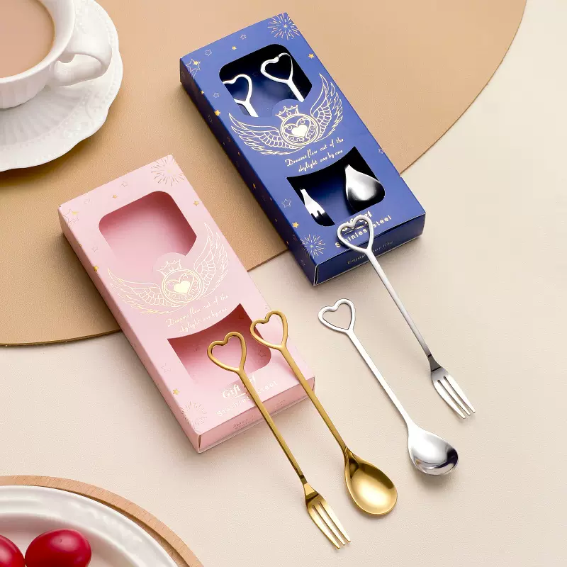 创意不锈钢儿童勺心形镂空咖啡甜品勺水果叉搅拌勺伴手礼礼品套装