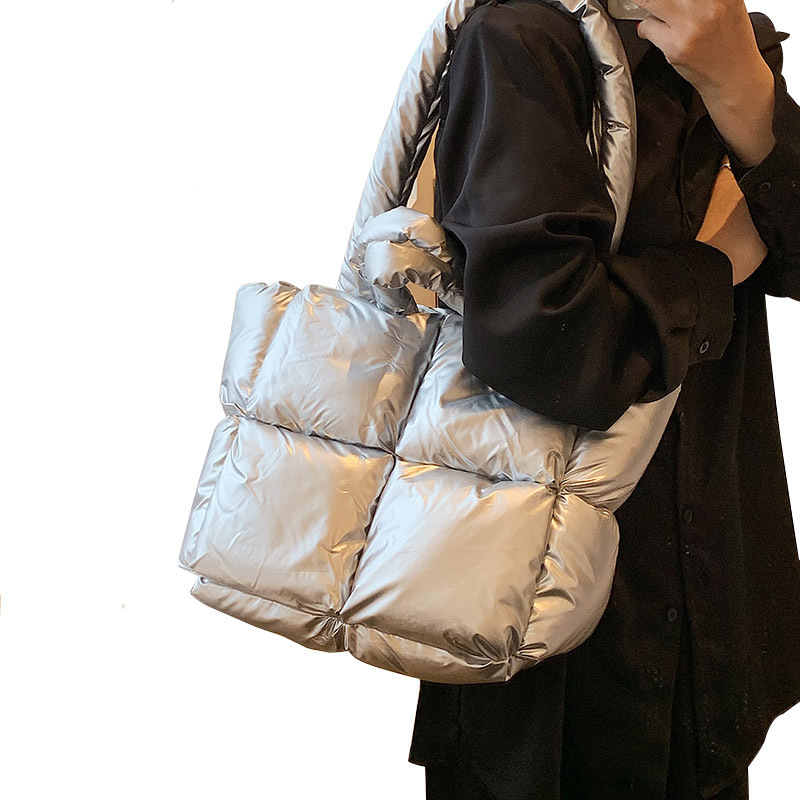 Down Bag Women Fashion Large Capacity Tote Bag High grade Shiny Handbag Simple Checkered Cotton Bag Shoulder Bag_voghion.com
