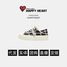 CHARLES/查尔斯桃心女生鞋韩版潮透气帆布鞋黑白格一脚蹬可踩半拖