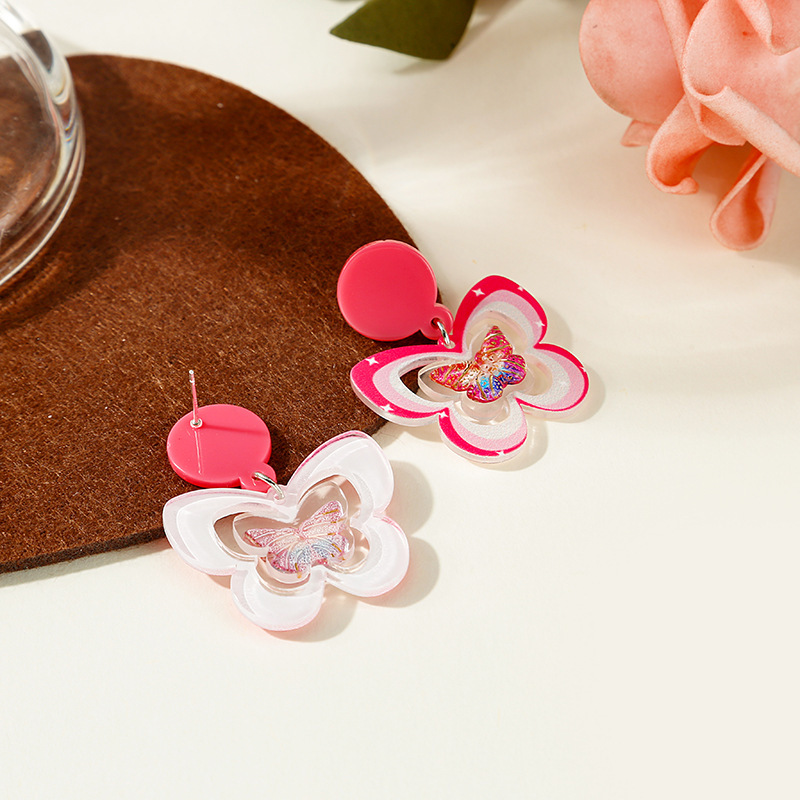 Cartoon Three-dimensional Printing Butterfly Sweet Pink Cute Copper Earrings display picture 5